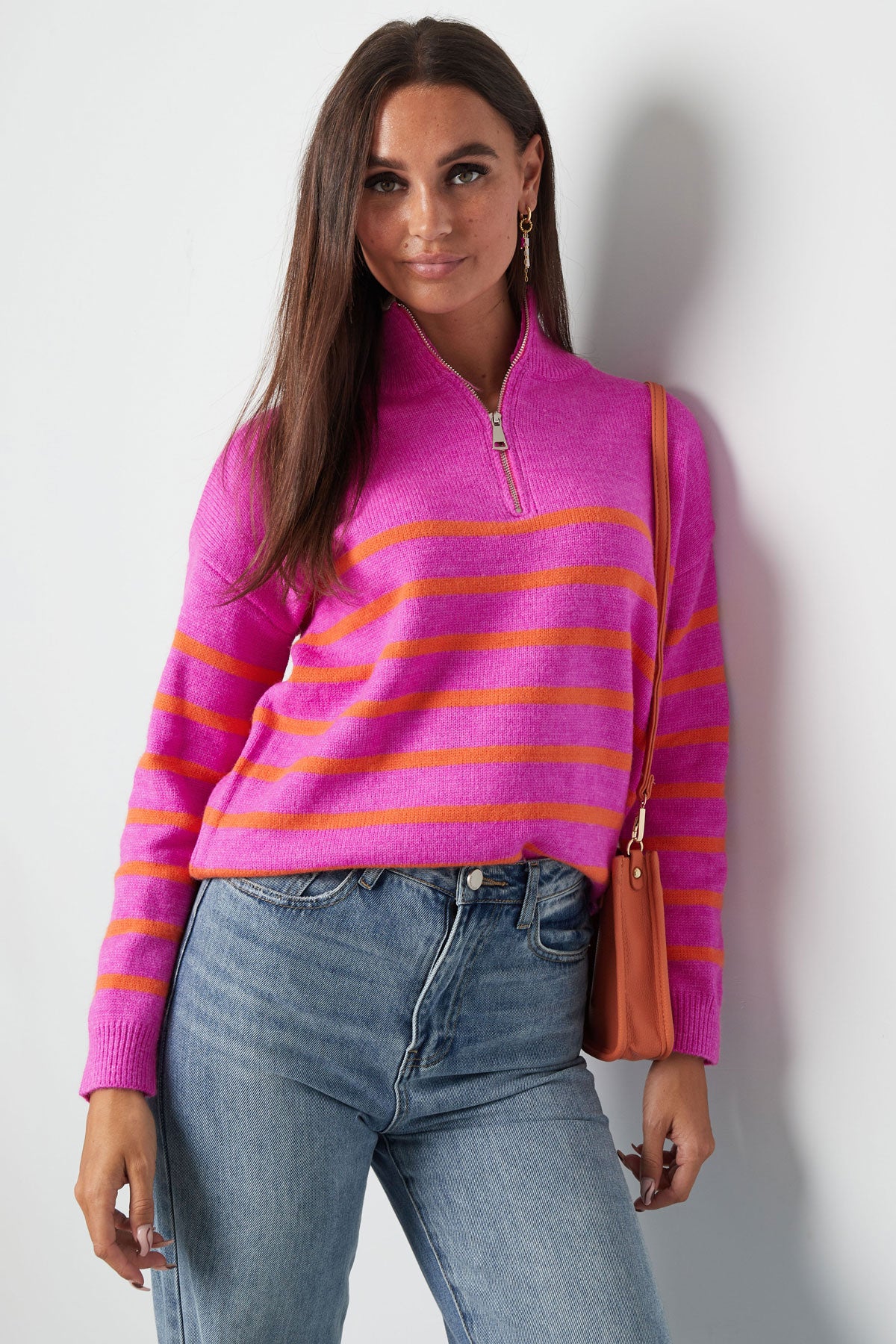 Gebreide trui strepen met rits - beige zwart - SM