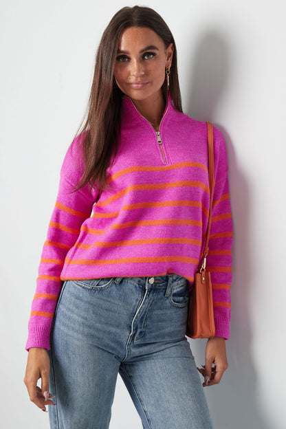 Gebreide trui strepen met rits - beige zwart - SM