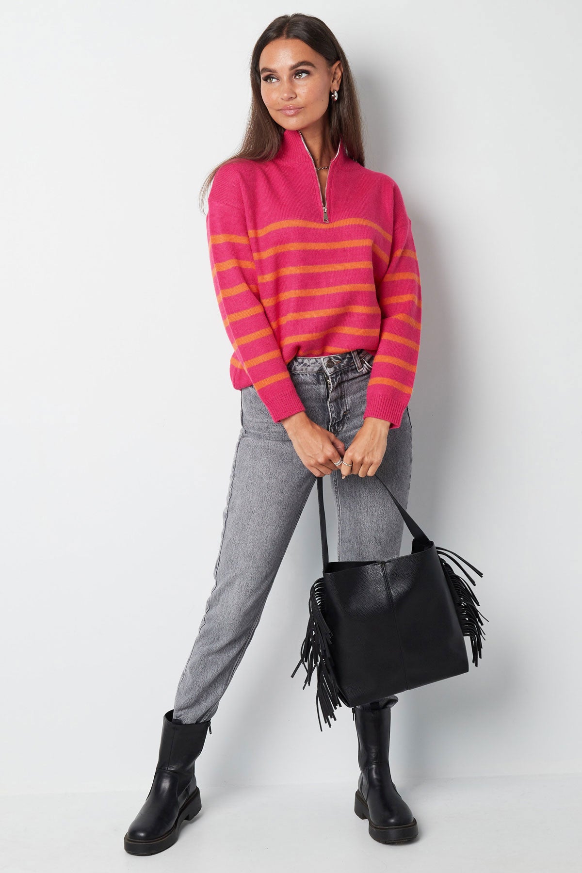 Gebreide trui strepen met rits - beige zwart - SM