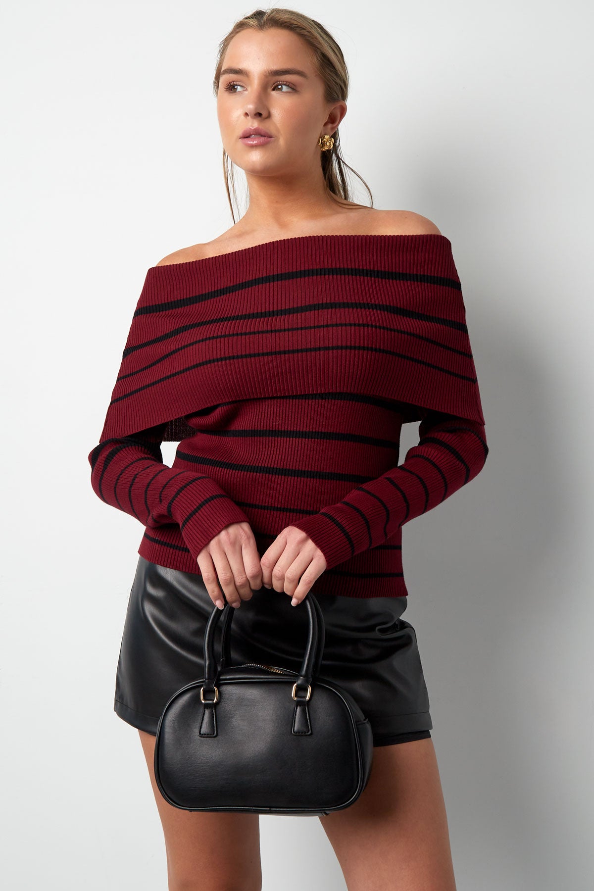 Gestreepte off shoulder top - Zwart & rood