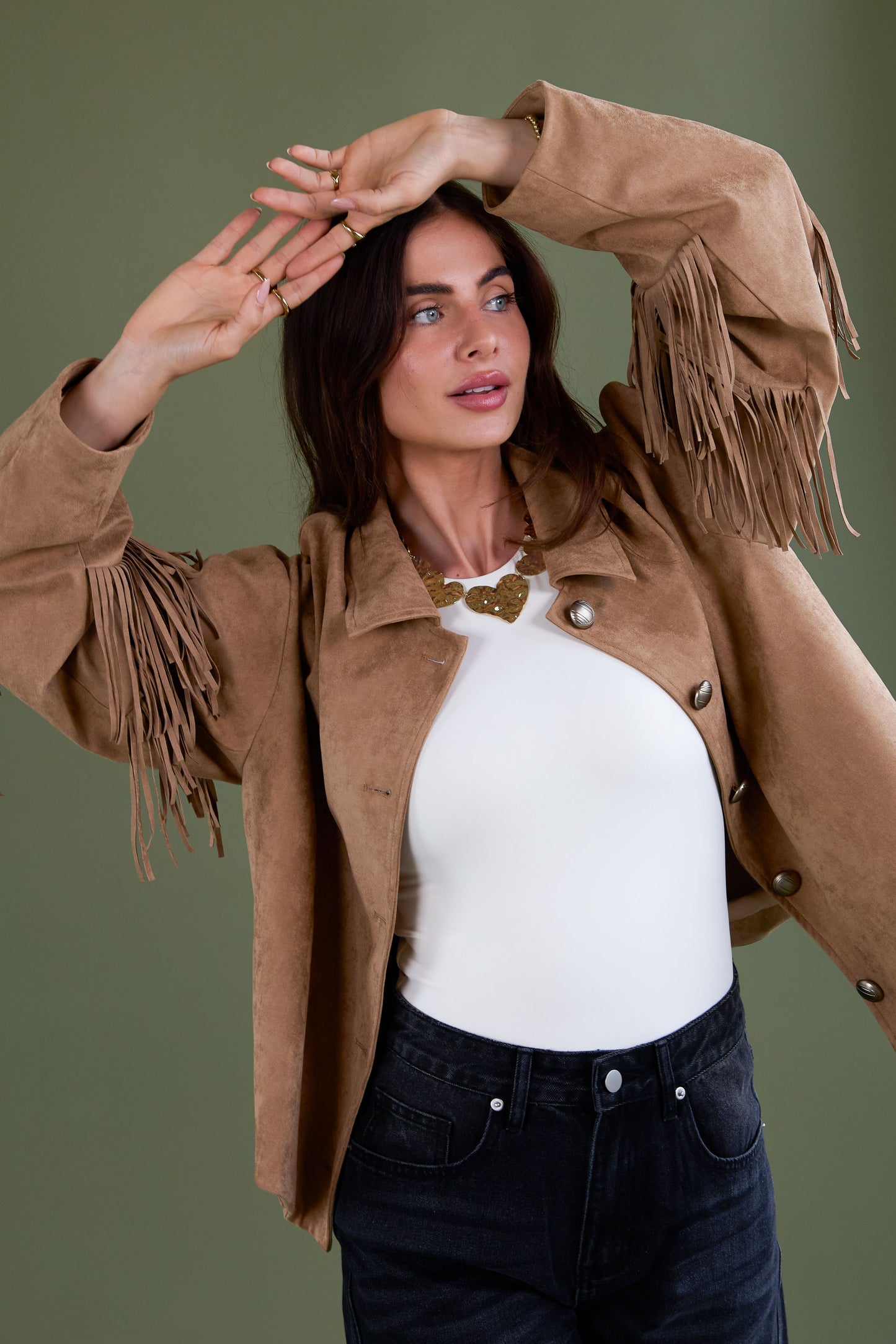 Suedelook jasje met franjes