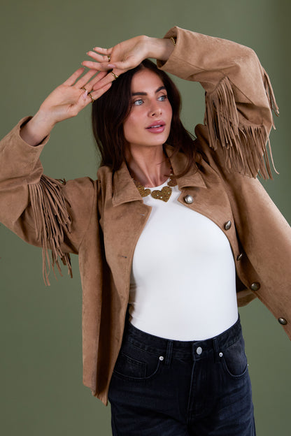 Suedelook jasje met franjes